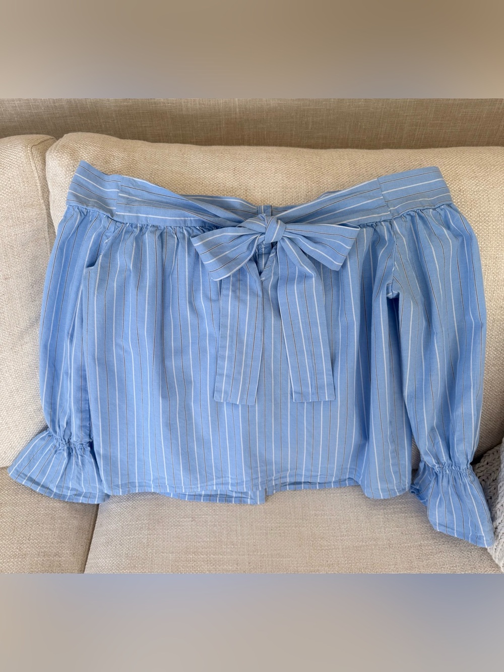 Striped Off-Shoulder Blue Button-Back Top - Picture 7 of 7